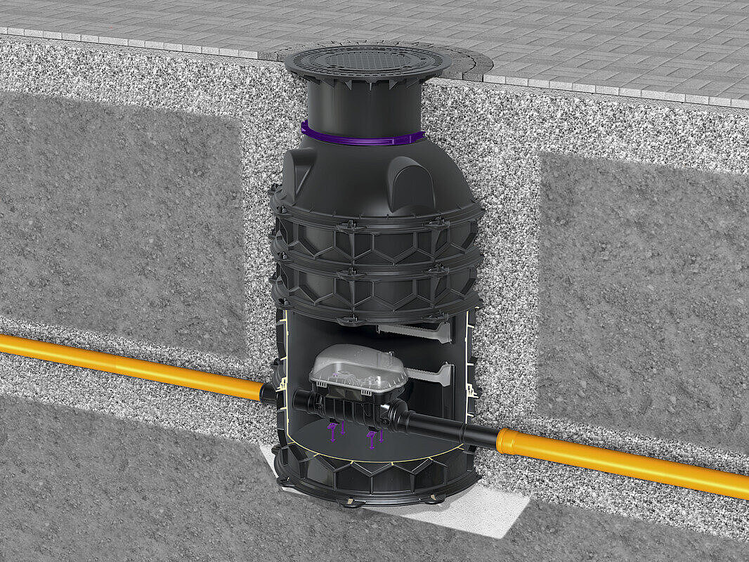 Schema di installazione del modulo tecnico del pozzetto di ispezione per valvola antiriflusso con Controlfix e pozzetto tecnico LW 1000