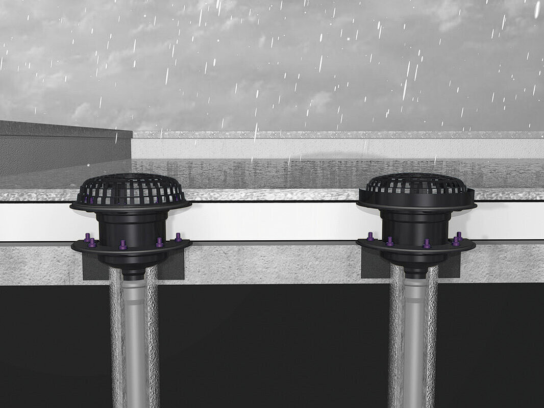 Installation diagram for the Ecoguss roof drain for flat roof surfaces with a double waterproofing layer and a retainer ring on the right