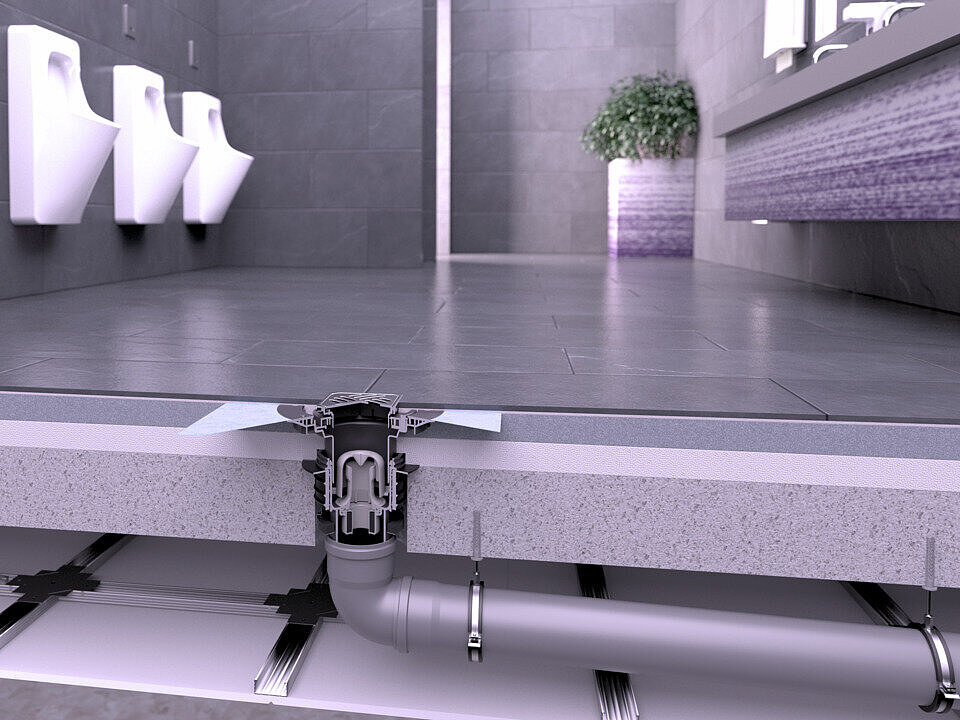 Installation diagram for the Practicus floor drain with a vertical outlet with a Variofix upper section for combined waterproofing and a slotted cover in a public area