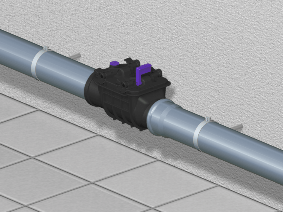 Installation diagram for the Staufix Basic in an exposed drainage pipe