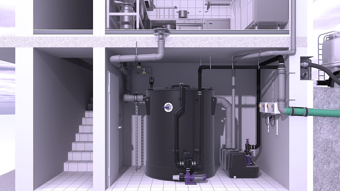 Installation diagram of EasyClean free round grease separator