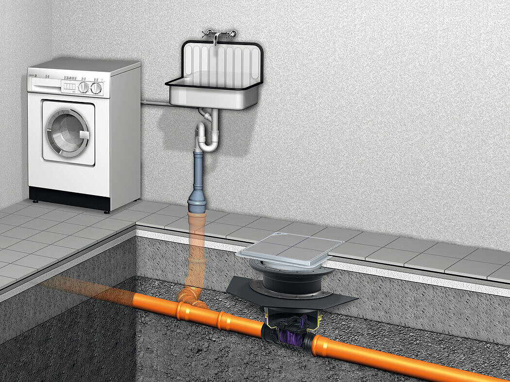 Installation diagram for the Staufix backwater valve for floor slab installation