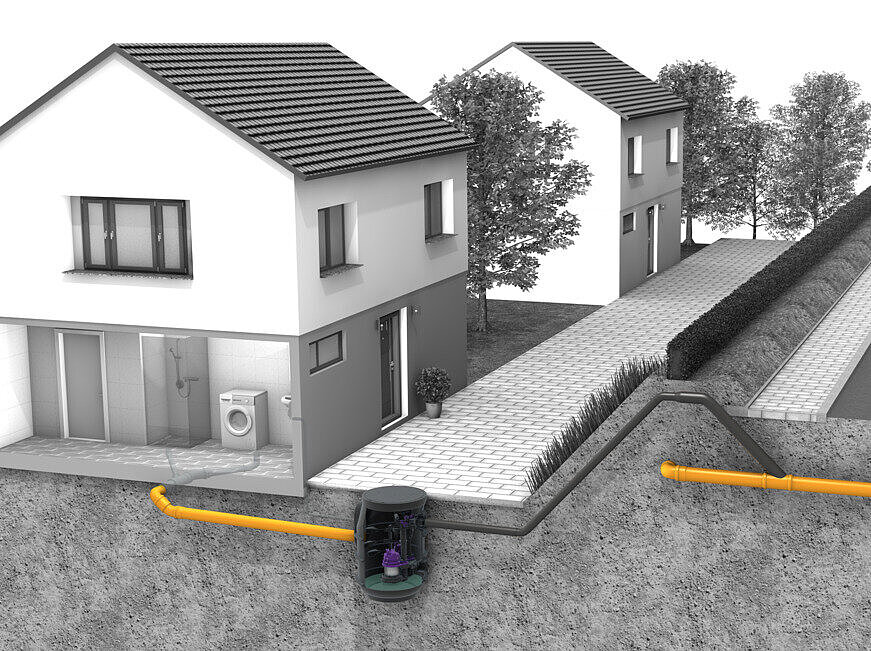 Installation diagram for Aquapump Small pumping station for faecal-free wastewater