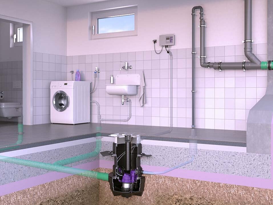 Installation diagram for Aqualift F Compact, for floor slab installation